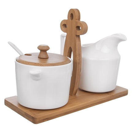Suikerpot en Melkkan Porselein Wit met Houten Houder