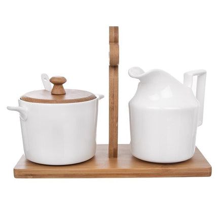 Suikerpot en Melkkan Porselein Wit met Houten Houder