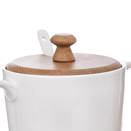 Suikerpot en Melkkan Porselein Wit met Houten Houder