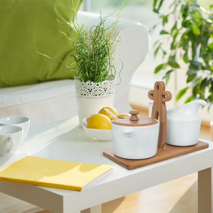 Suikerpot en Melkkan Porselein Wit met Houten Houder