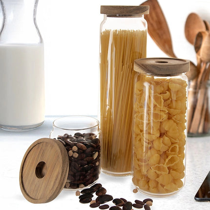 Glazen Voorraadpot 1,6 L – Borosilicaat met Acacia Houten Deksel & Siliconen Ring